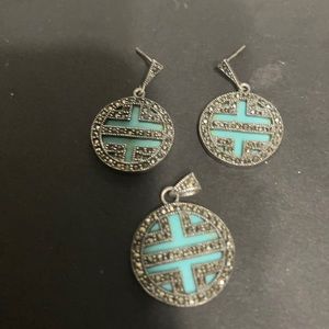 marcasite and turquoise earring and pendant set.